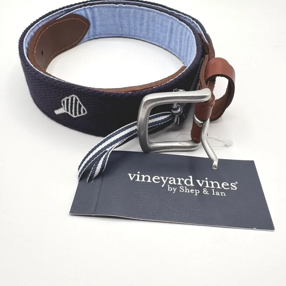 Vineyard Vines Pickleball Canvas Mens 32 Belt Nautical Navy Italian Leather Trim
